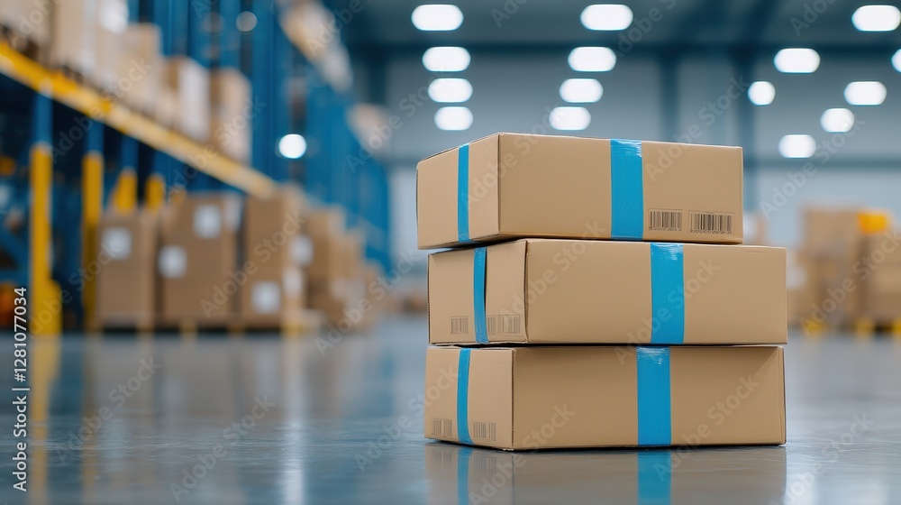 Poster a stack of cardboard boxes with blue tape, positioned on a polished floor inside a warehouse filled 