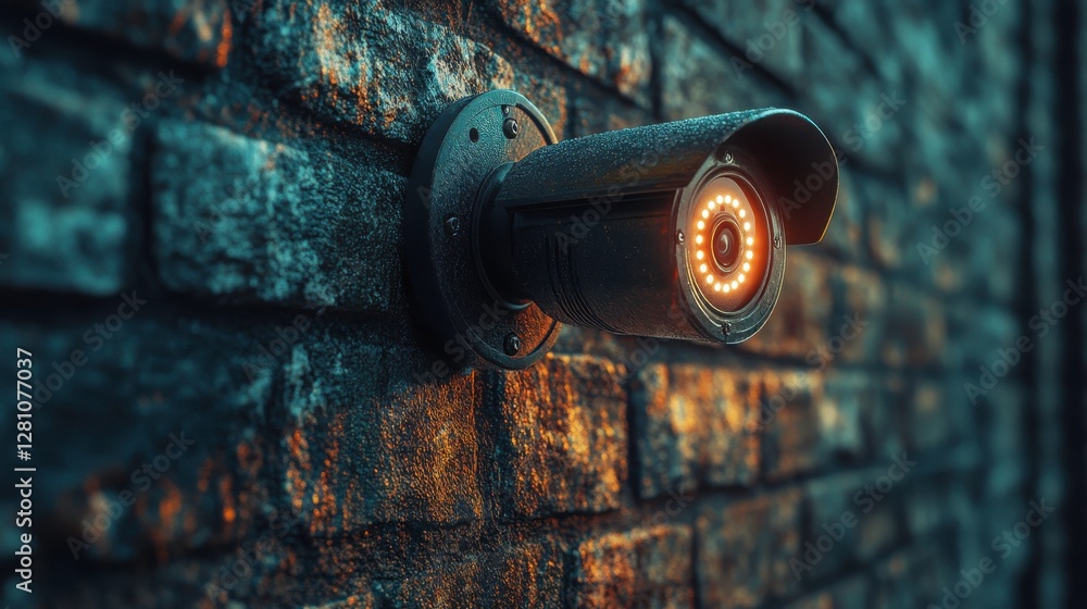 Poster a close-up of a surveillance camera mounted on a textured brick wall, illuminated by a soft glow, em