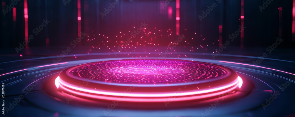 Poster futuristic digital platform with glowing pink lights and particle effects in a modern space.