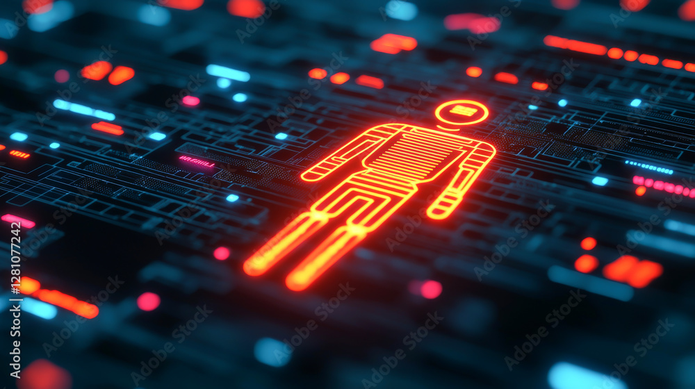 Poster futuristic digital representation of a glowing figure in a tech environment.