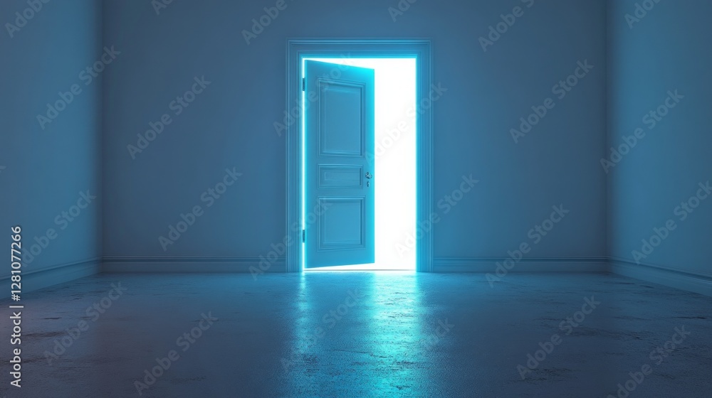 Poster An open door casts a soft blue light into an empty room adorned with white walls and a polished floor