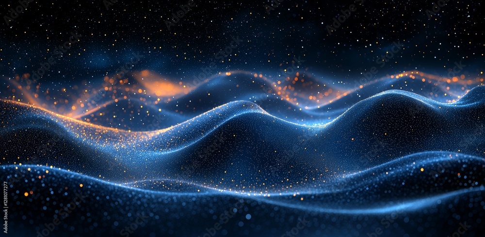 Poster in this depiction of a futuristic horizontal digital space featuring hi-tech waveforms and a grid ba