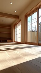 Obraz premium An interior view of an empty room with large windows