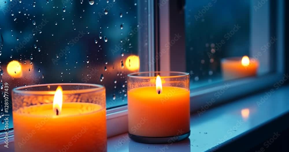 Poster candle lights beside window with rain and soft lighting blurred backgrounds and reflections in dark 