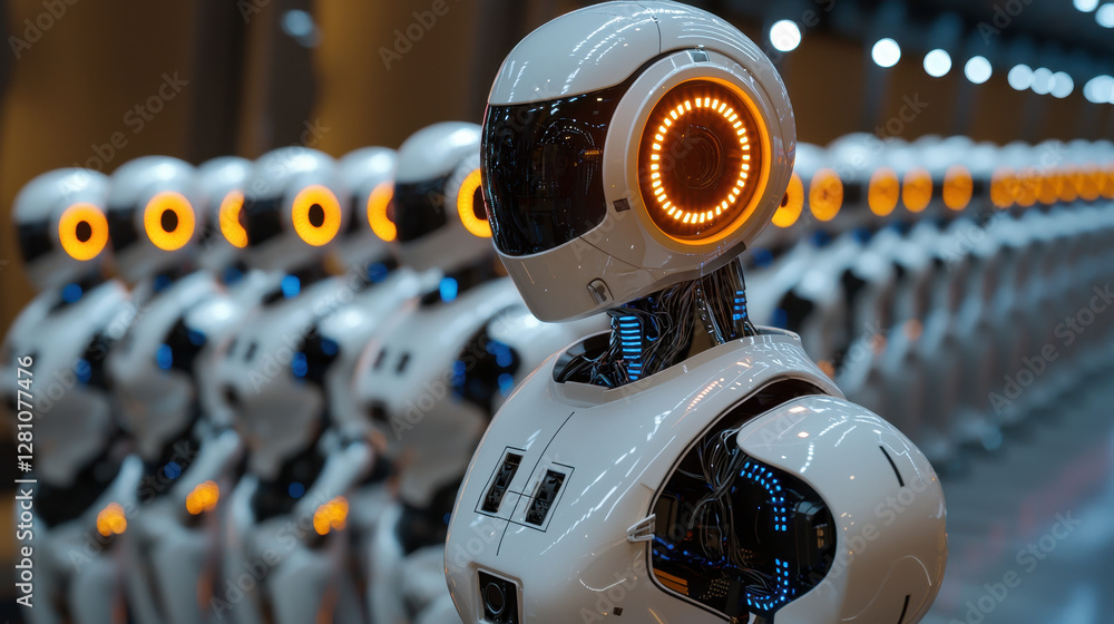 Poster humanoid robots assembling in a futuristic robotics testing laboratory with neon blue and orange lig