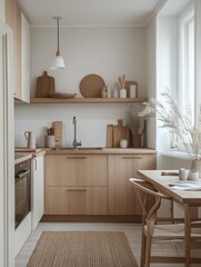 Fototapeta premium The warm light shines on a small kitchen with fixtures