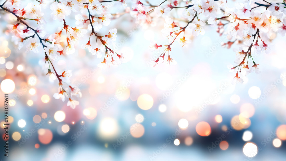 Poster delicate cherry blossoms bloom in spring, filling the branches with soft white and pink flowers. the