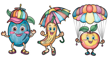 Beautiful cartoon fruits stickers for kids plum lemon banana