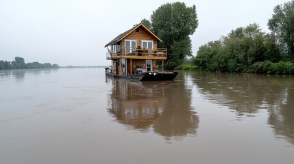 Fototapeta premium Houseboat on River, Calm Water, Misty Day, Tranquil Scenery, Lakeside Retreat, Peaceful Setting, Scenic View