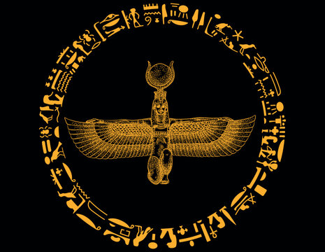 Golden Ancient isis goddess with hieroglyphics and black background. 