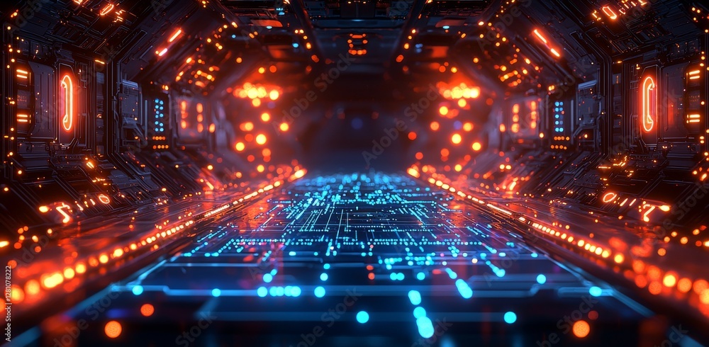 Poster a depiction of a futuristic, horizontal digital landscape featuring a digital grid and circuit, desi