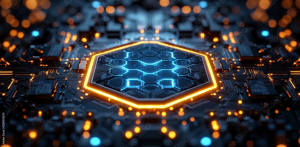 Poster a digital hi-tech illustration featuring a glowing horizontal line pattern alongside a 3-d circuit d