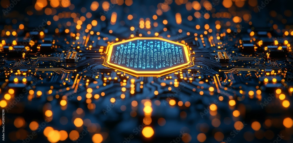Poster an illustration showcasing a glowing horizontal line and a 3-d circuit pattern in a digital hi-tech 