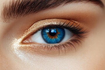 Obraz premium Closeup shot of beautiful female's eye with unusual blue and brown color, beige background, free space, Generative AI