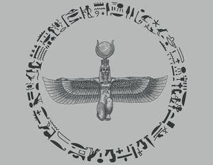 Brown grey isis goddess with hieroglyphics and grey background. 