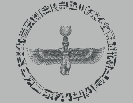 Brown grey isis goddess with hieroglyphics and grey background. 
