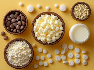 Flatlay showcasing calcium supplements alongside dairy products such as milk, cheese, and yogurt, aimed at enhancing bone health