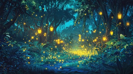 Obraz premium Glowing Fireflies at Night