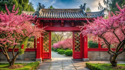 Fototapeta premium Traditional Chinese red gate entrance surrounded by blooming plum blossoms in a serene garden setting, plum blossoms, ornate details