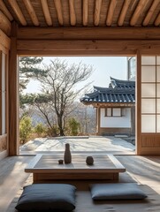 Traditional Japanese tea ceremony room with a view of the outside