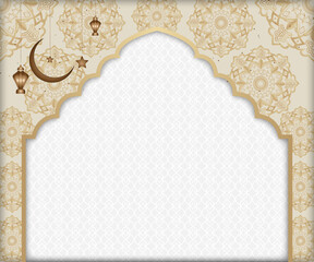 Floral texture Islamic banner background | Abstract vector background with pattern object, moon, star, lamp, shadow for Eid, Ramadan, Greeting, Flyer, Decoration with golden color 
