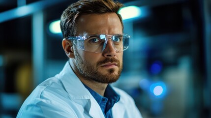 A focused man in a lab coat and glasses gazes directly at the camera, embodying professionalism and scientific inquiry in a laboratory setting.