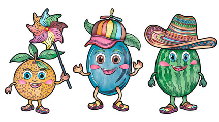 Beautiful cartoon fruits stickers for kids watermelon orange plum
