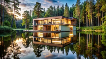 Fototapeta premium A serene modern house blends seamlessly into the surrounding forest near a tranquil lake with trees reflected in its calm waters , tranquility, architecture