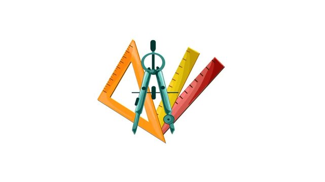 Geometric stationary equipment. Educational compass, ruler for drawing 3d animation 