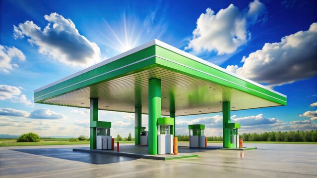 A gas station with a predominantly green color scheme stands out against a bright sunny background under a clear blue sky with white fluffy clouds , outdoor setting, fuel station