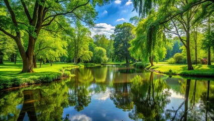 Fototapeta premium A serene park with lush greenery and a peaceful pond surrounded by tall trees, overlooking a tranquil atmosphere, reflecting the beauty of nature, park, natural world