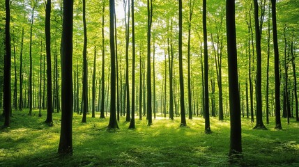 Obraz premium Sunlight filters through tall trees in a serene forest, evoking tranquility and natural harmony