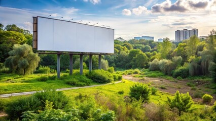 Obraz premium A sleek billboard dominates the vista of a peaceful park where nature has reclaimed the space around it with trees and lush vegetation , urban decay, overgrown landscape