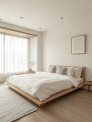 A Modern Bedroom with a Wooden Platform Bed and Light Curtains