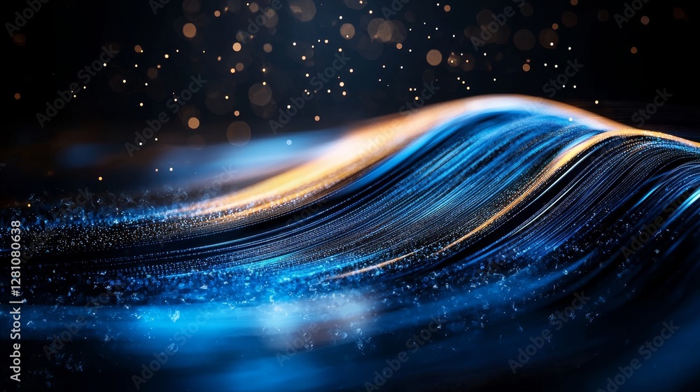Poster a blue light trail with glowing particles on a black background, symbolizing rapid digital data tran