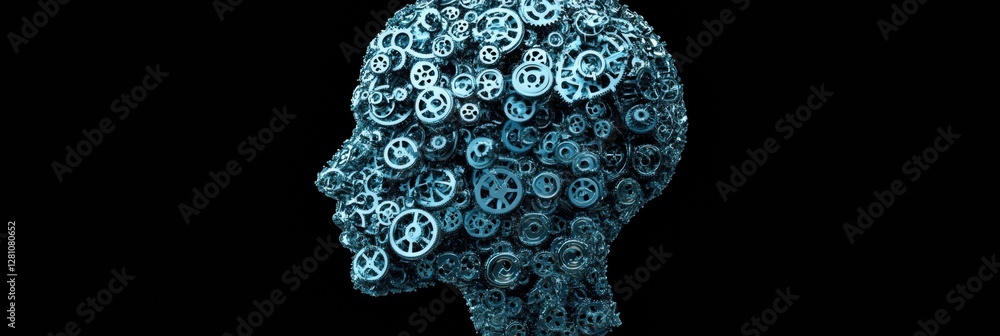Poster human head contour filled with interlocking gears and cogs symbolizing artificial intelligence devel