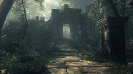 Fototapeta premium Enigmatic Stone Steps Leading to an Ancient Ruin Overgrown by Lush Tropical Foliage