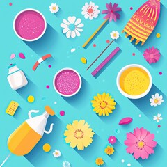 Holi Celebration Flat Lay with Colorful Accessories and Powder, Holi 