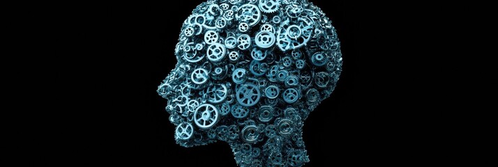 Human head contour filled with interlocking gears and cogs symbolizing artificial intelligence development and innovation. Generative AI