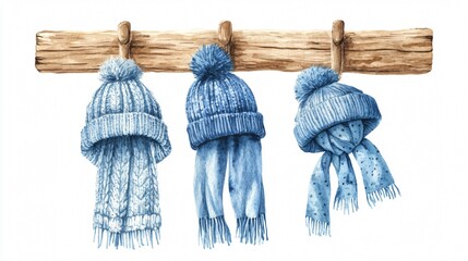 Winter Hats and Scarf Watercolor Painting Blue Collection