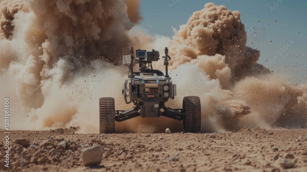 Aufkleber A robotic vehicle maneuvers through a swirling dust storm in a barren desert, displaying advanced capabilities in navigating challenging terrain and conditions during a test.
