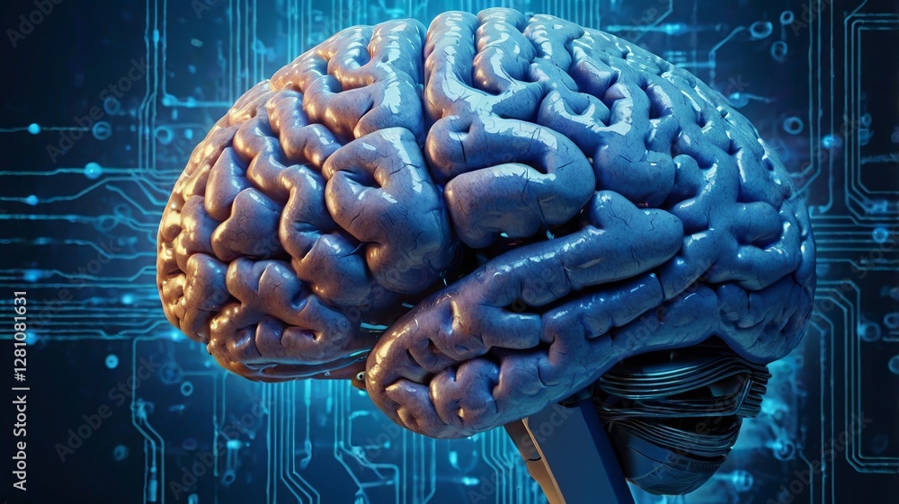 Aufkleber human brain with glowing neurons on a cybernetic network background representing artificial intellig