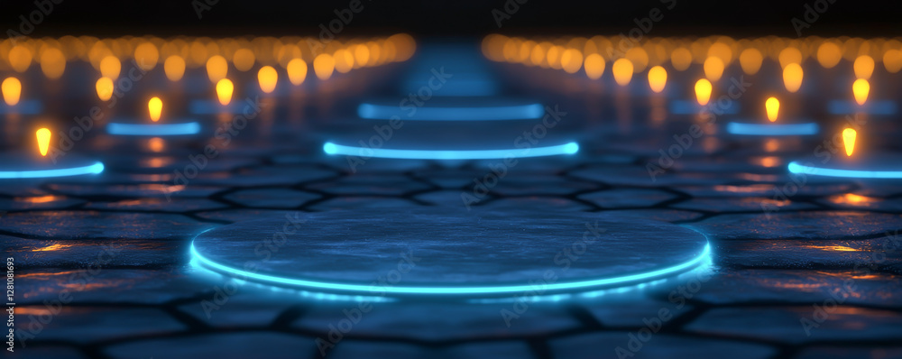 Poster futuristic illuminated pathway with glowing geometric patterns and vibrant lights.