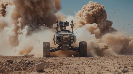 Fototapeta premium A robotic vehicle maneuvers through a swirling dust storm in a barren desert, displaying advanced capabilities in navigating challenging terrain and conditions during a test.