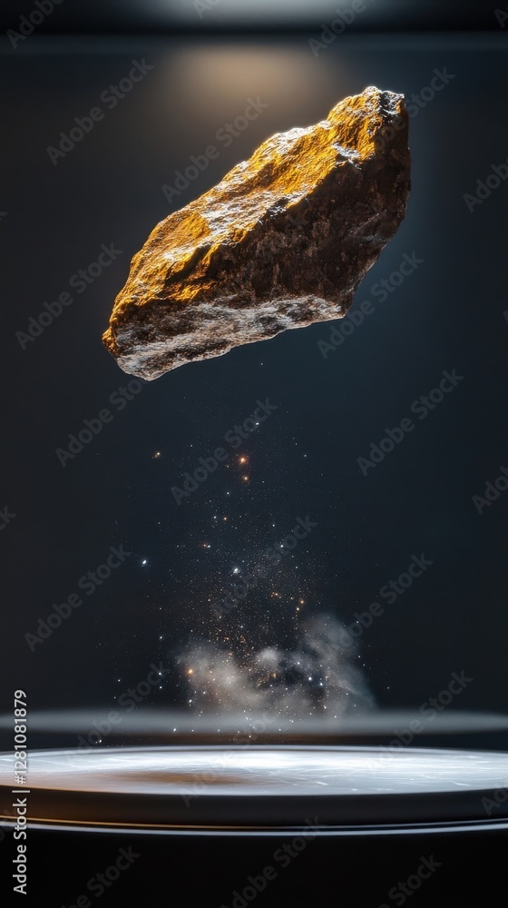 Poster a floating rock over a glowing base and sparkling particles