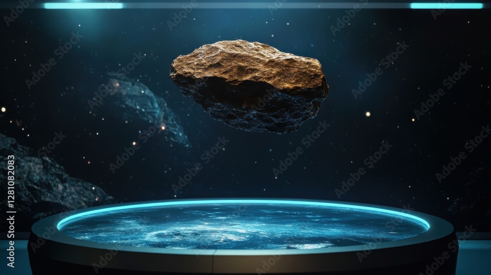 Poster a floating asteroid hovers inside of an illuminated sci fi setting