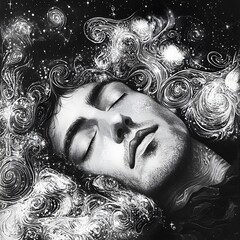 Dreamlike Portrait of a Man Surrounded by Cosmic Elements