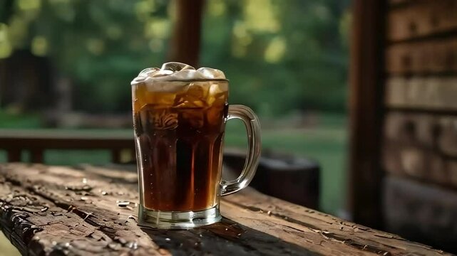 A root beer with dew drops, at a rustic cabin porch. 