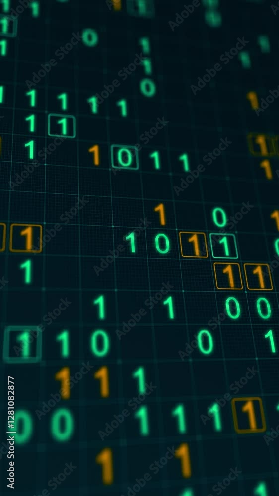 Poster green glowing binary matrix on a grid. bokeh effect, vertical composition. technology motion graphic