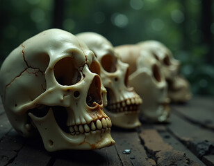 Traditional Dia de Muertos Skulls Displayed on Wooden Table Amidst Nature Background